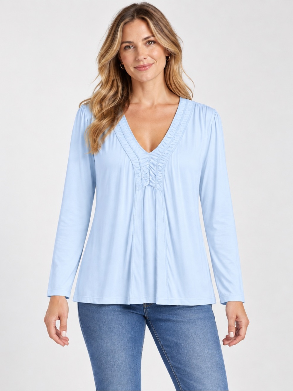V-Neck Light Blue Long Sleeve Ruffle Detail Top